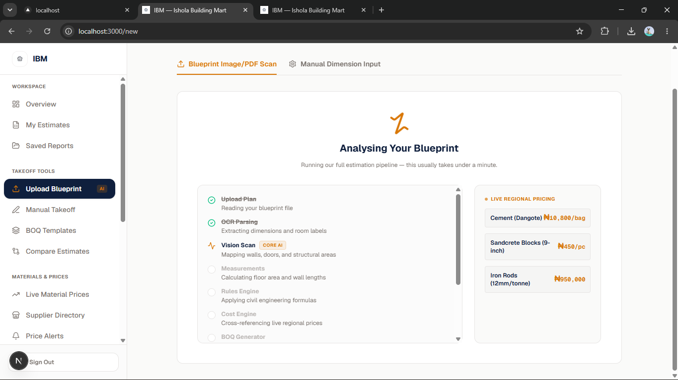 Upload a blueprint and watch the full AI pipeline run step by step